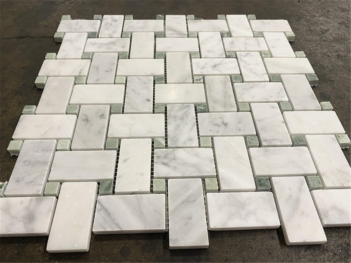 L652XH Basketweave Statuary White Marble 1×2 Mosaic Tile Green Dot Honed