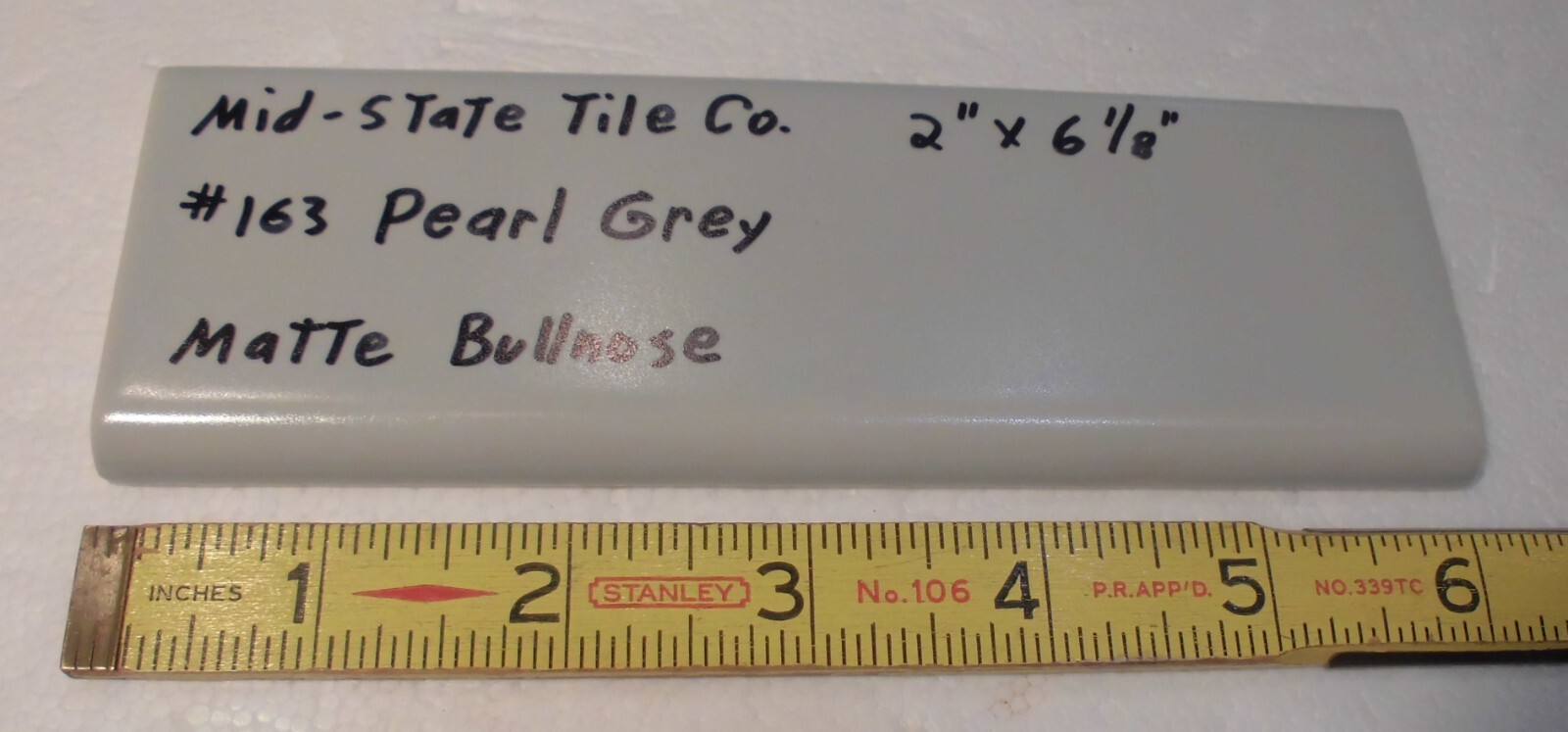 1 pc. Vintage Matte *Pearl Gray* 2” X 6-1/8” Surface Bullnose Ceramic Tile, NEW