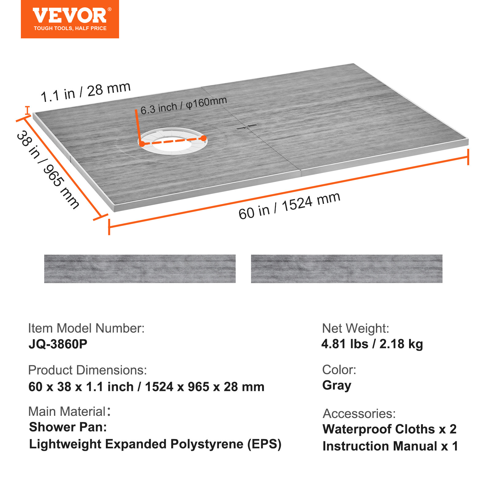 VEVOR Waterproofing Shower Curb Tray Kit 60″x38″ w/ Offset Drain Thickened