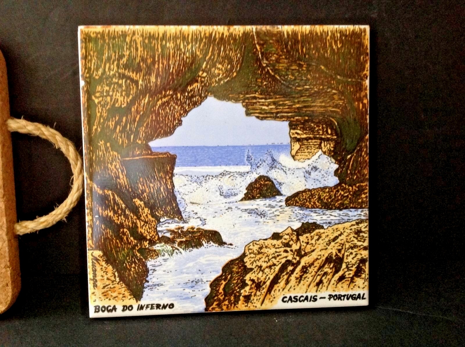Pair Vintage Handpainted BOCA DO INFERNO Cascais & NUANEA Algarve Portugal Tiles