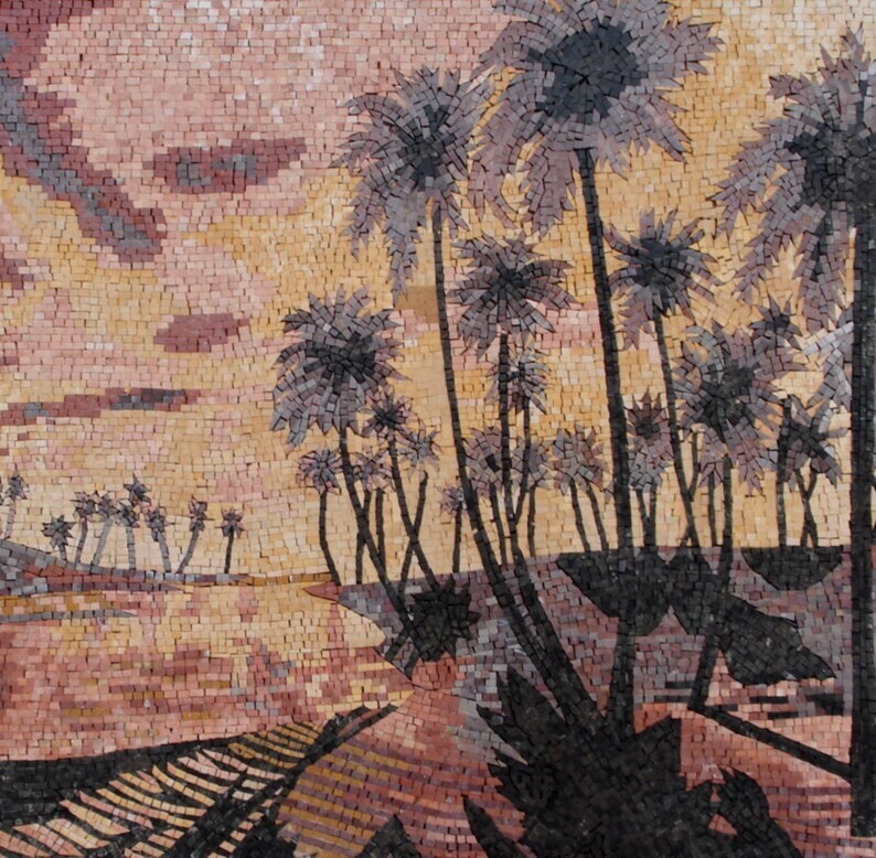 DESERT MOSAIC TILES | Palm Trees In Desert Artwork Tiles For Living Room Decor