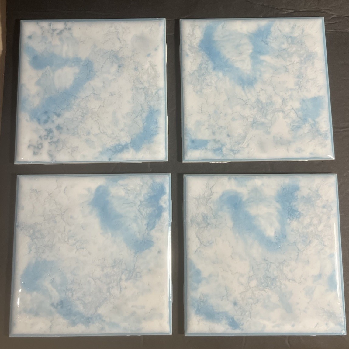 Vintage Ceramic Tile NTK Nippon Japan Powder Blue White Veined NOS Lot Of 4