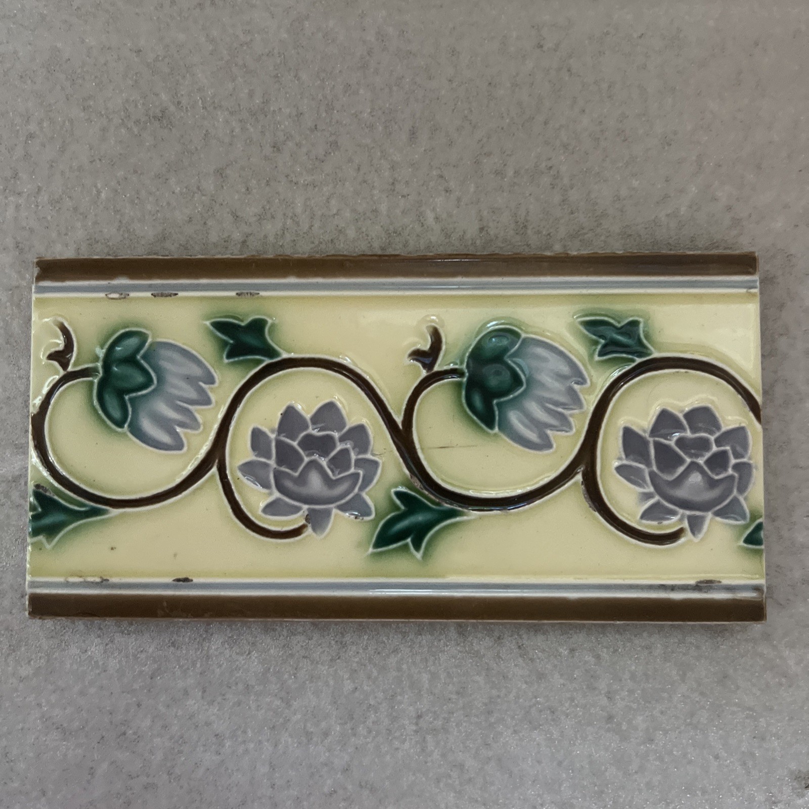 Antique Japanese Majolica Border Tiles Danto Kaisha DK Lotus Vine 6×3 Lot of 4