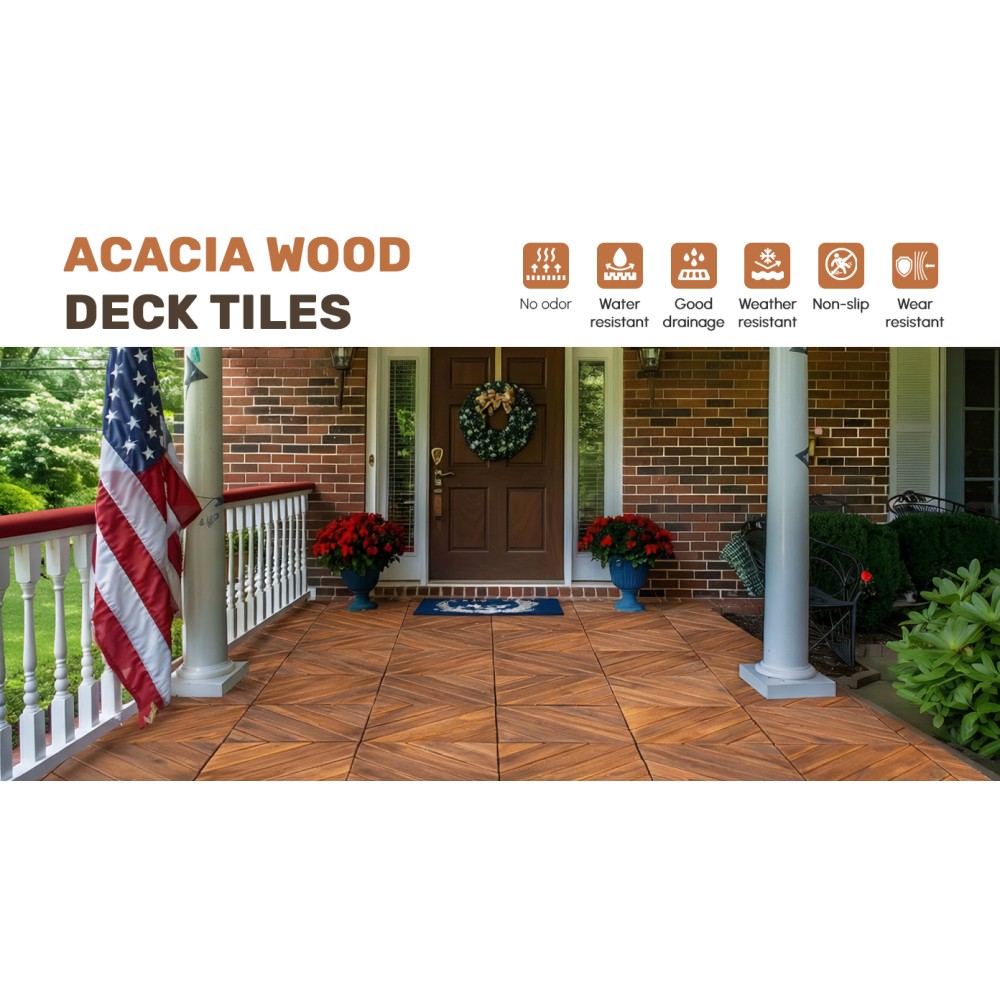 27PCS Interlocking Deck Tiles 12×12 Acacia Wood Diagonal Waterproof Outdoor