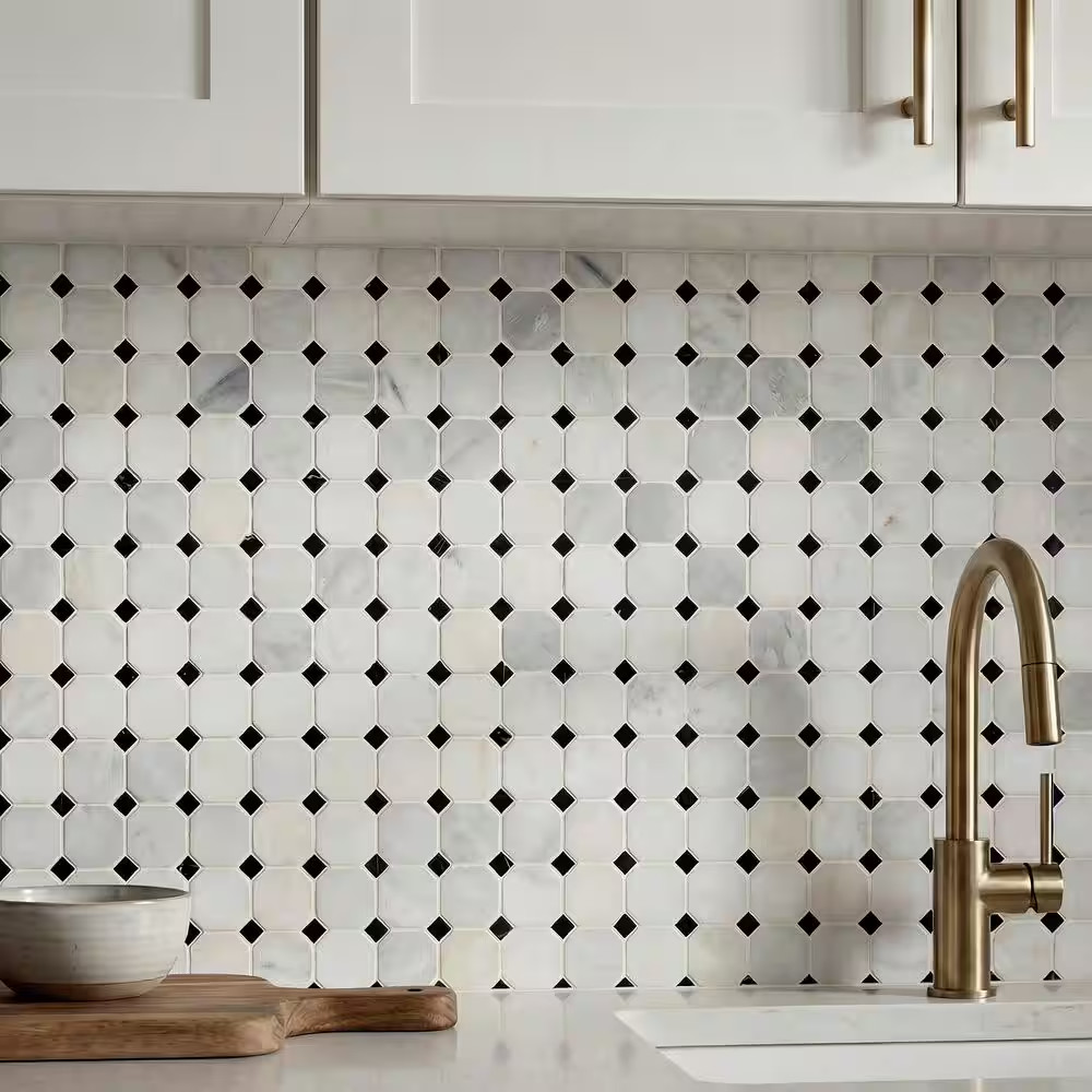 Greecian White 12X12X0.38 In. Honed Marble Octagon Mosaic White Marble and Black
