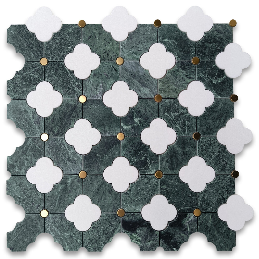 T9Q2XH Thassos White Indian Green Marble Four-Leaf Clover Flower Mosaic Tile