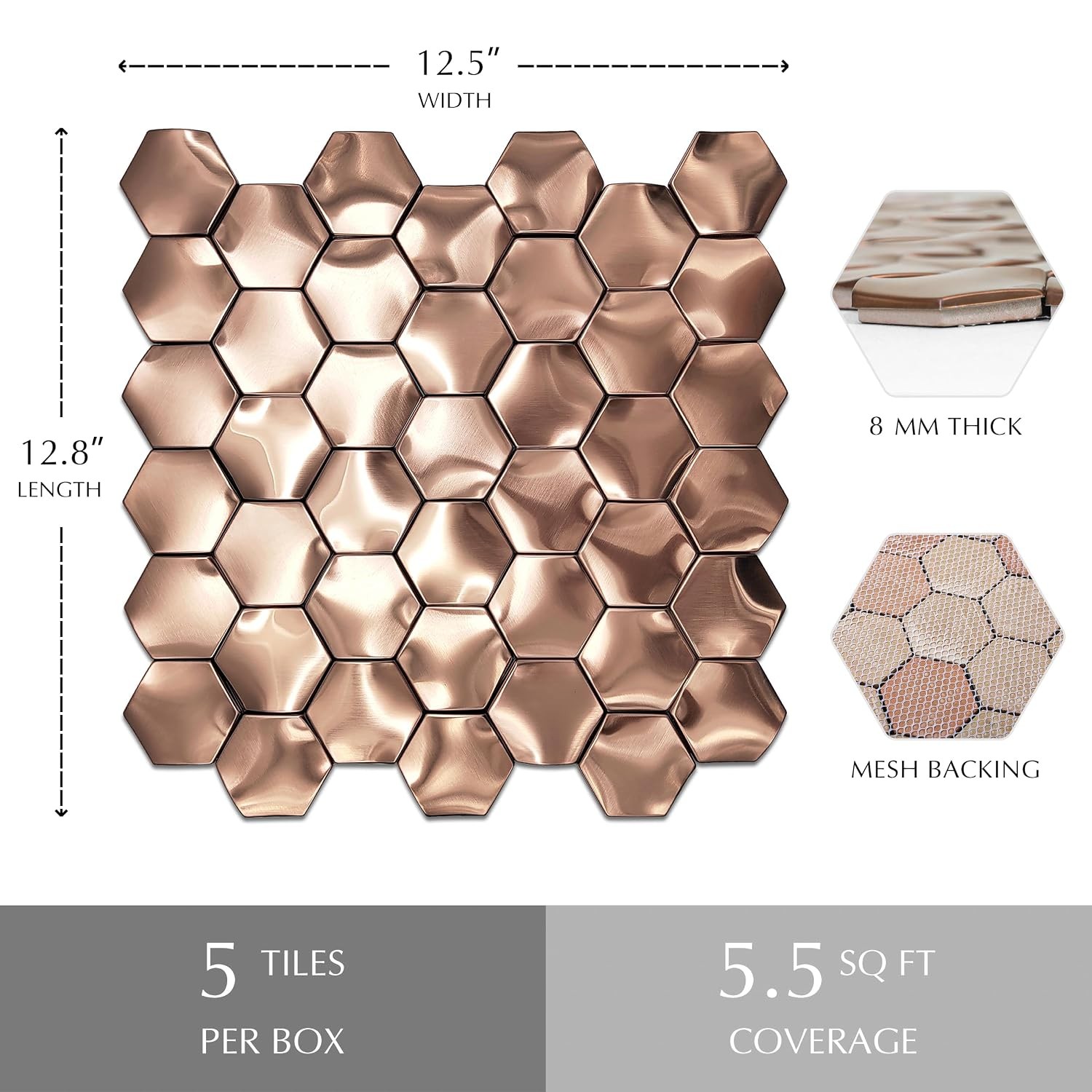 Copper 3D Hexagon Wall Panels Metal Mosaic Bathroom Backsplash Tile 5 Sq Feet