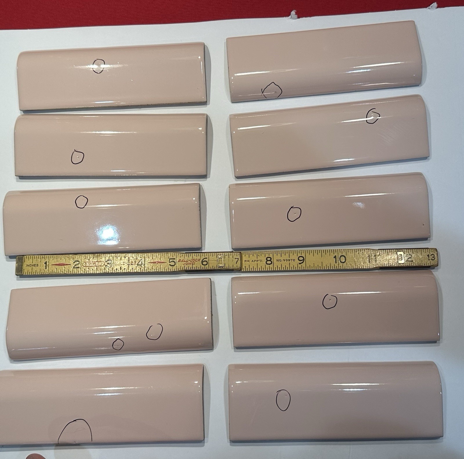 1pc. *Peachy Pink Mist* Glossy Ceramic Radius Mud Cap Bullnose Tile; 2″ X 6″ NOS