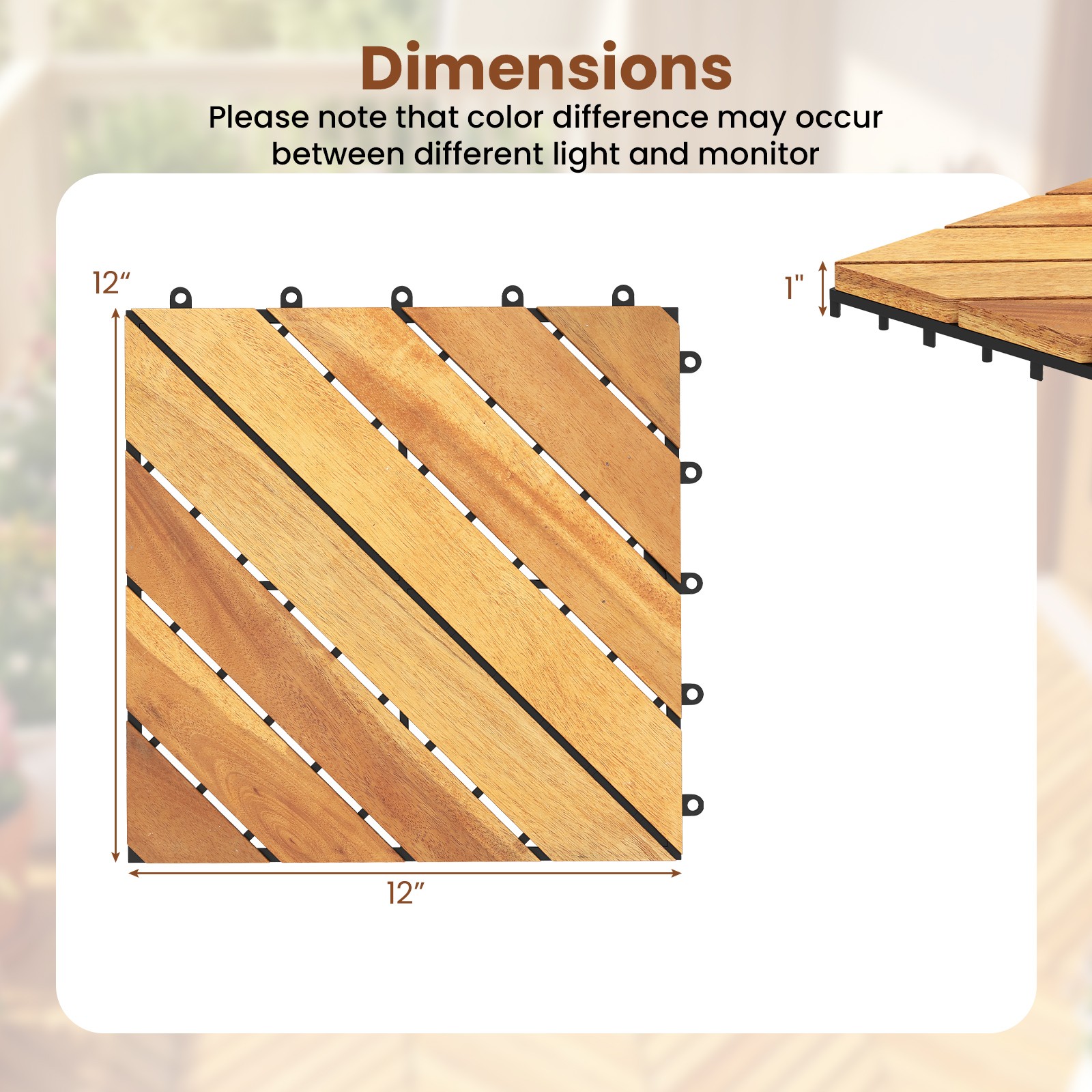 12″ x 12″ Acacia Wood Interlocking Deck Tiles48 PCS Waterproof Flooring Tiles