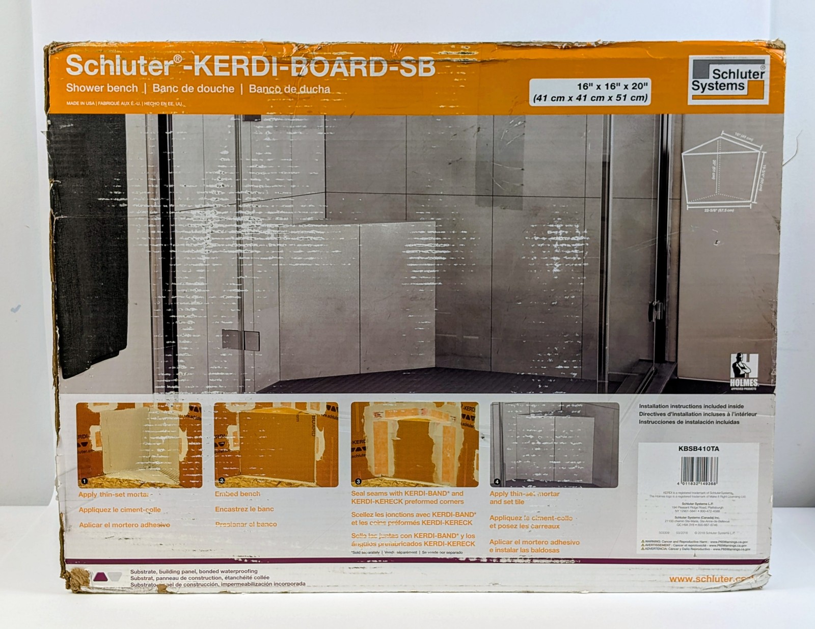 Schluter Kerdi Board Triangular Shower Seat 16x16x20 Waterproof Bench SB161620