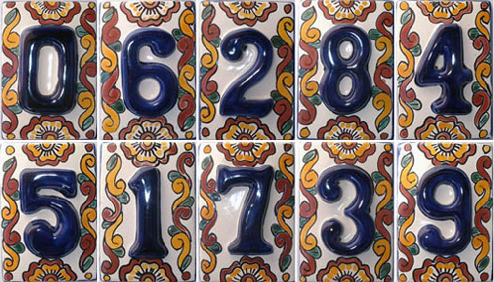 4 Mexican BLUE House Numbers Tiles with HORIZONTAL Iron Frame