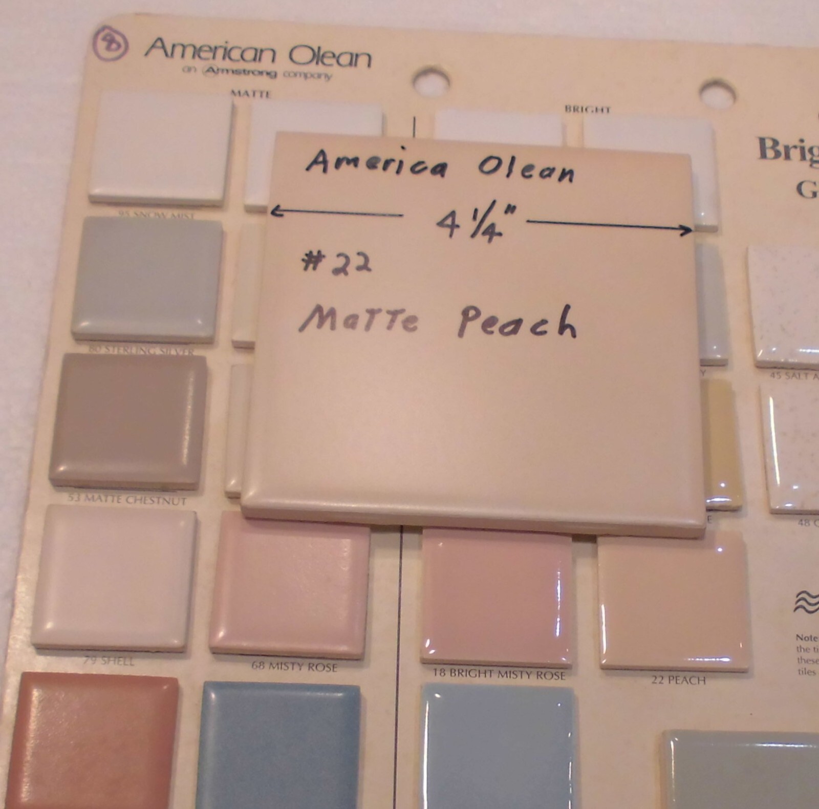 1 pc. Vintage *PEACH COLOR* Matte Ceramic Tile #22 by American Olean 4-1/4″ New