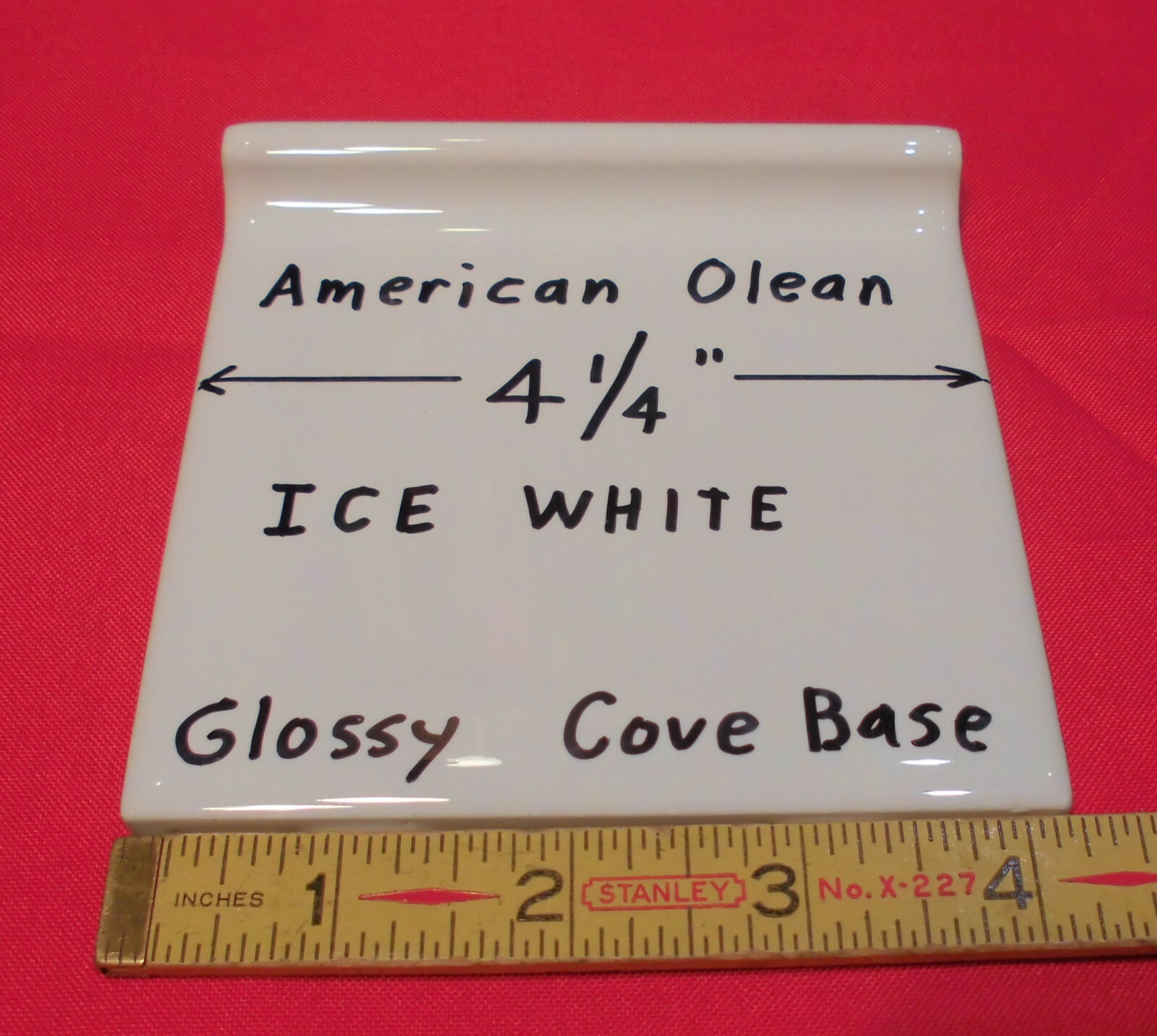1 pc. Glossy Ice White: stack-on base/cove Ceramic Tile; 4-1/4″ X 4-1/4″ NEW