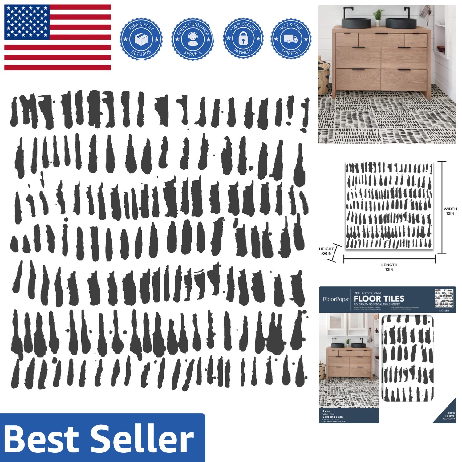 Water-Resistant Peel and Stick Floor Tiles, Black Brushstroke, 12×12 Inches Each
