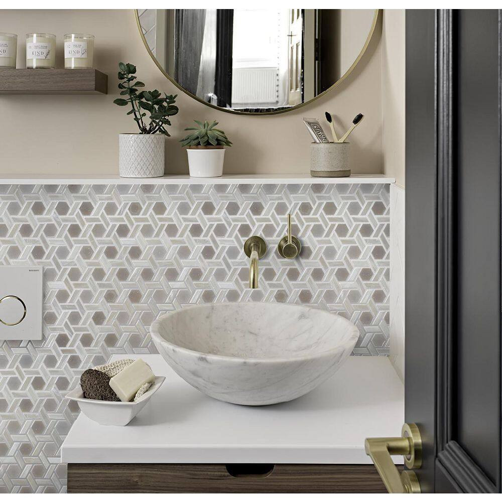 White 11.7 In. X 11.9 In. Hexagon Polished Glass Mosaic Floor and Wall Tile (10-
