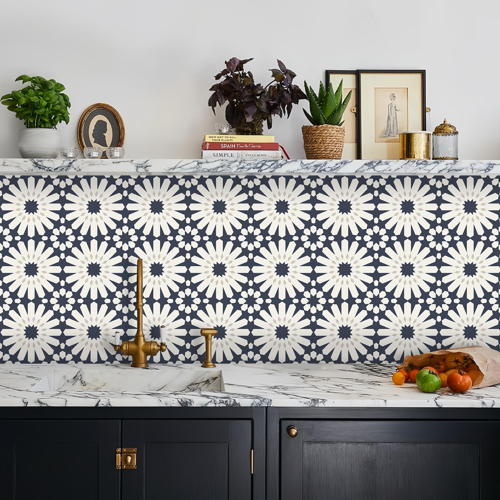 MORCART 20pc 7.87″ Dark Blue Floral Floor Tile