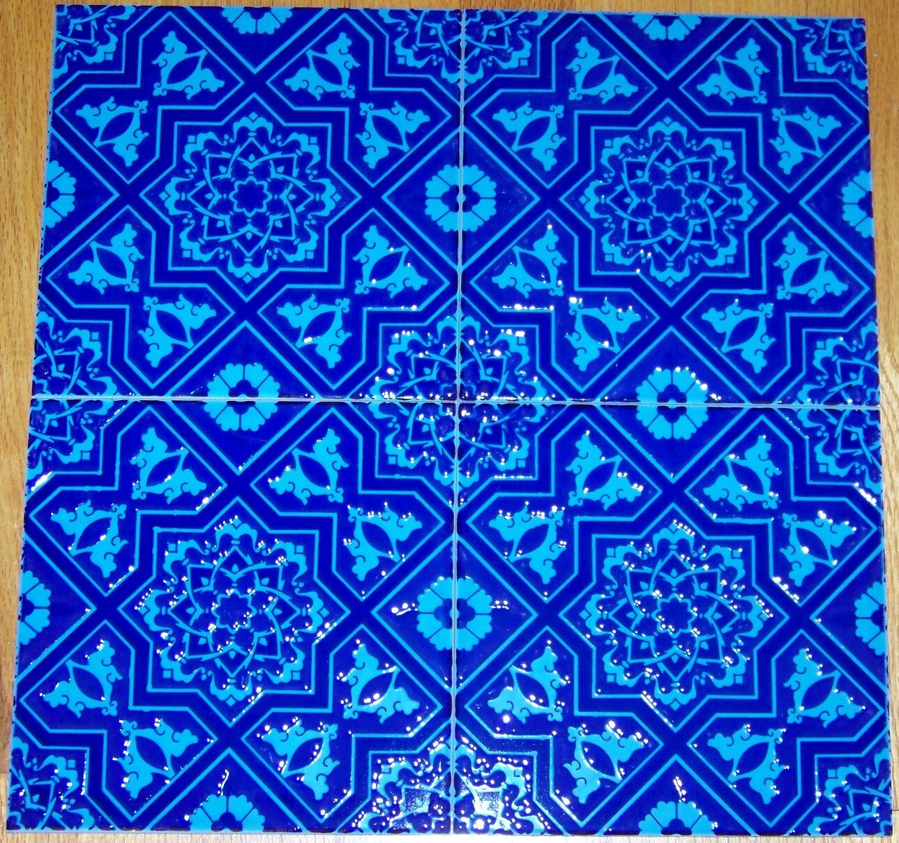4 8″x8″ Iznik Raised Turquoise & Blue Floral & Geometric Pattern Ceramic Tile
