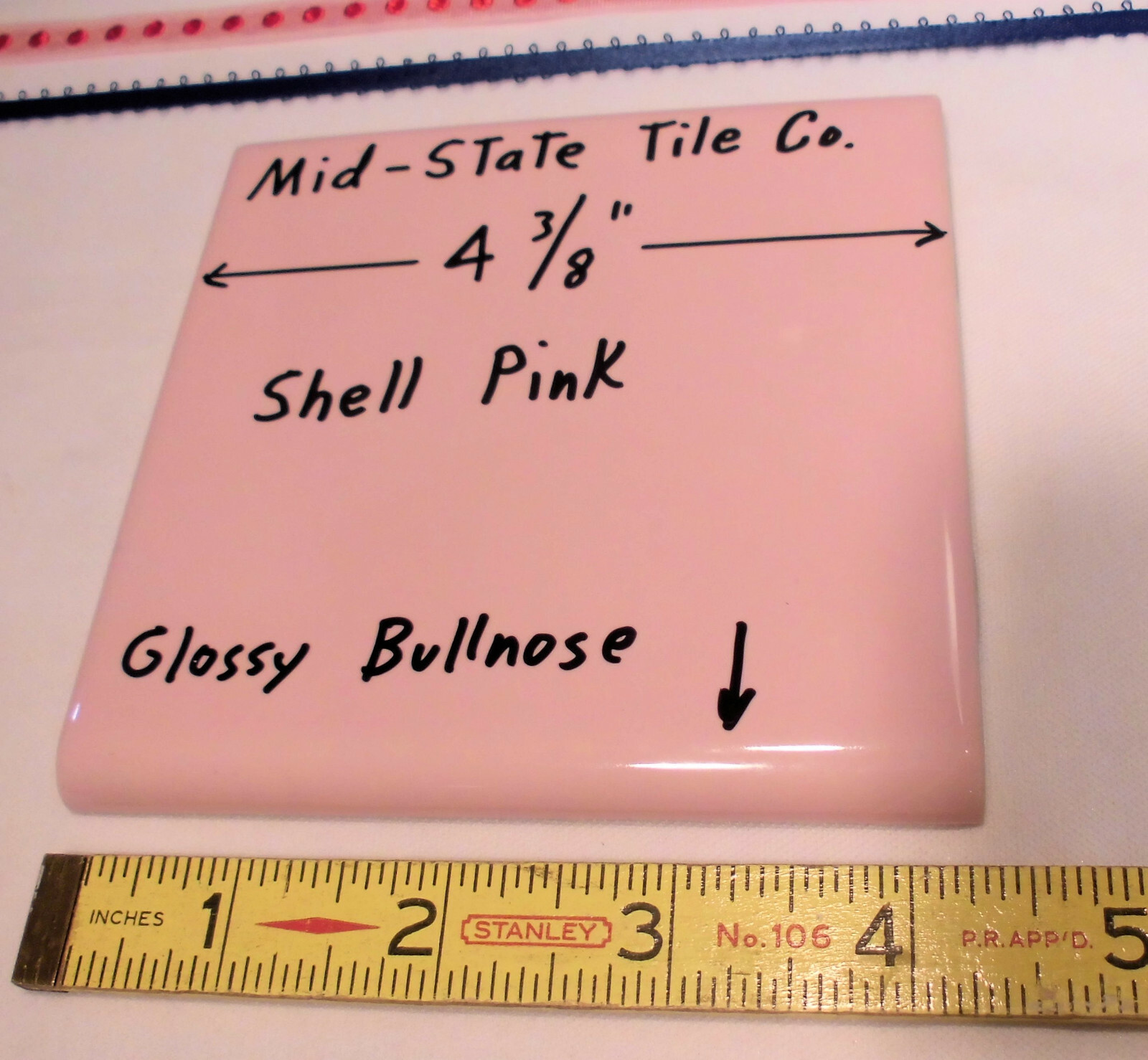 1 pc. “Glossy Shell Pink” Surface Bullnose Ceramic Tile: by 4-3/8″ Mid-State Co.