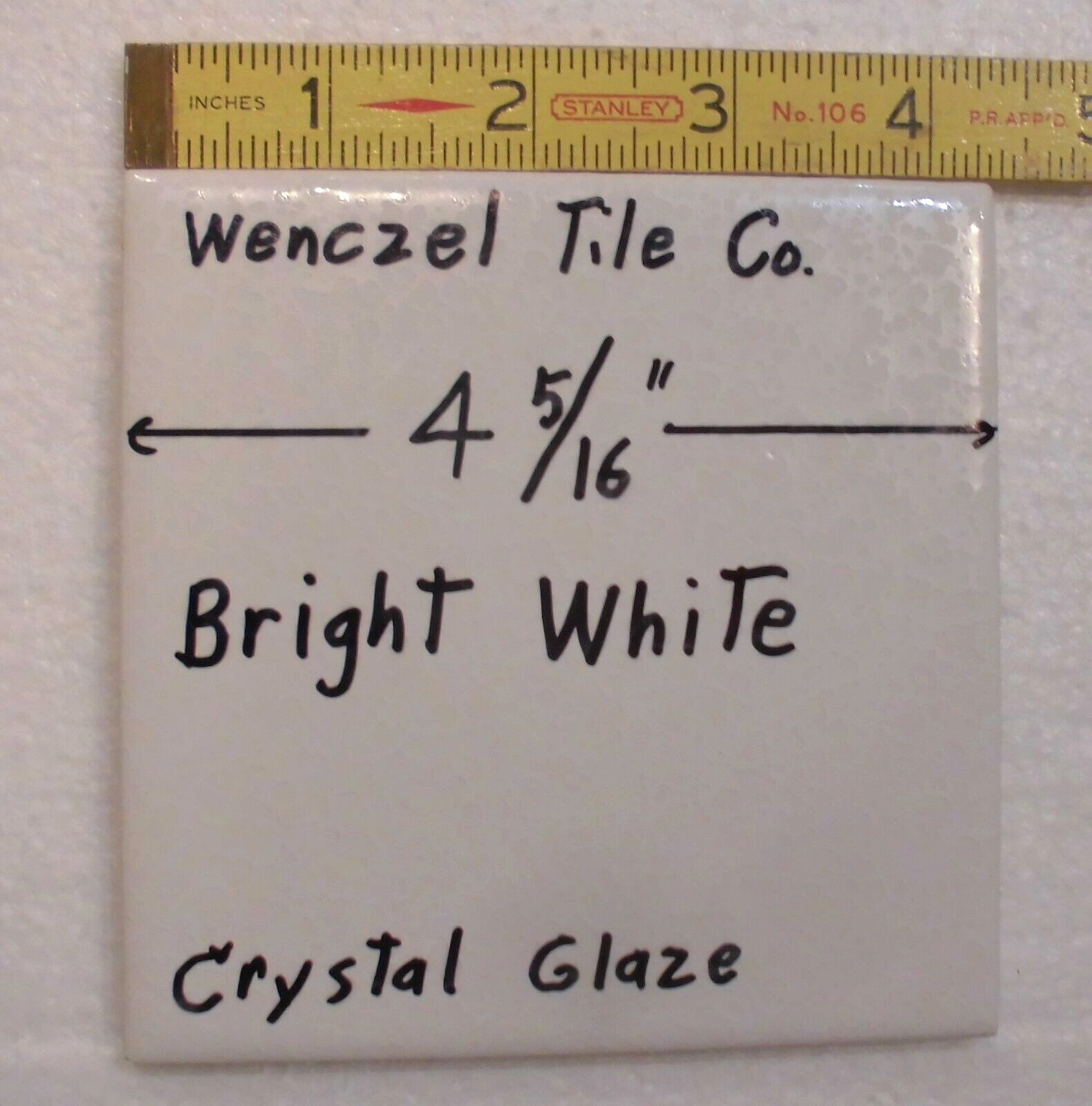 1 pc. White: Crystal Glaze; Ceramic Tile by Wenczel Co. 4-5/16″ made 1970’s 80’s