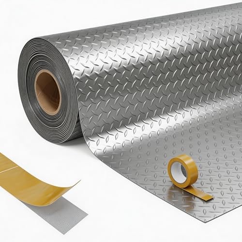 4×8 FT Garage Floor Mat,Thickened Diamond Plate PVC Garage Mats 4*8 ft silver