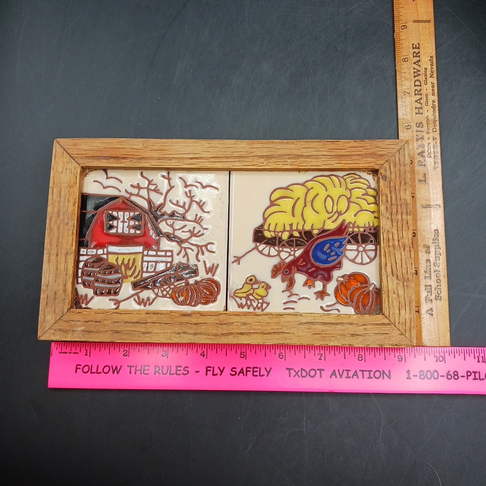 VTG Ceramic Tile Framed Wall art Barn Hen Chicks Pumpkin Trivet Country Farmcore