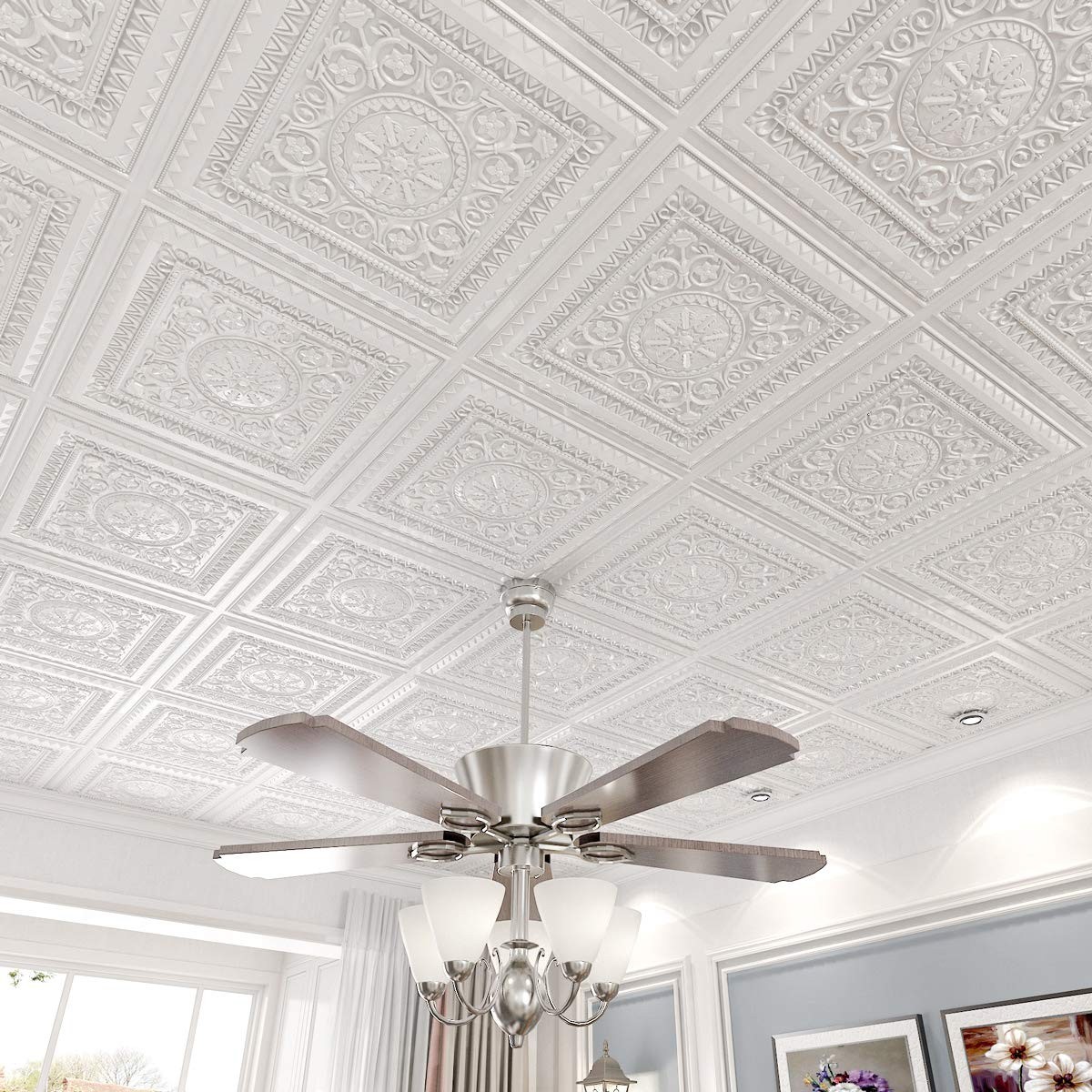 48 Sq Ft 24×24 White PVC Modern Floral Glue Up Ceiling Tiles, Water Resistant