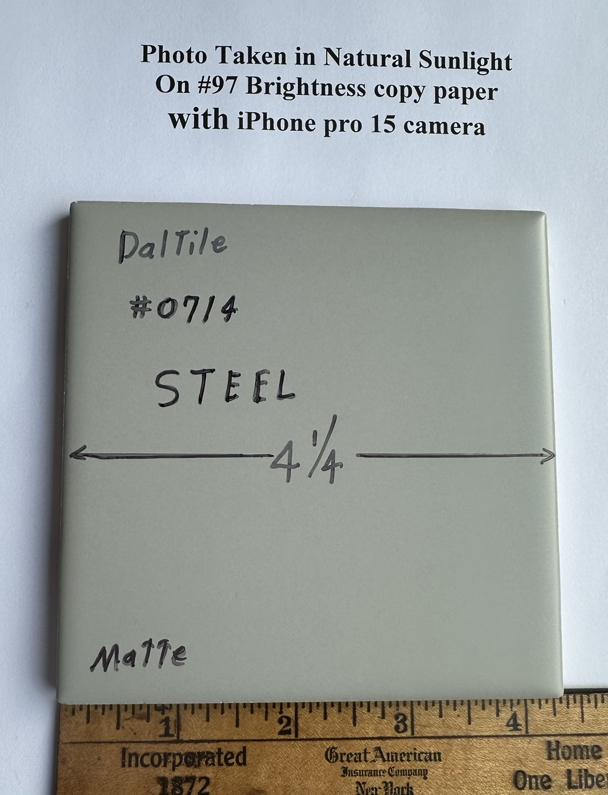 1 pc. Steel #0714: 4-1/4″ Matte Gray Ceramic Tile by Daltile, New