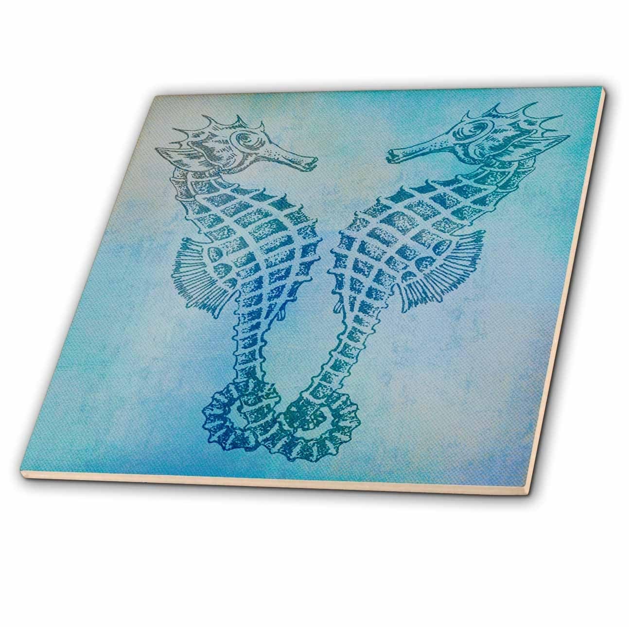 3dRose Aqua Seahorses Beach Theme Vintage Art Ceramic Tile 4-Inch Coastal Decor
