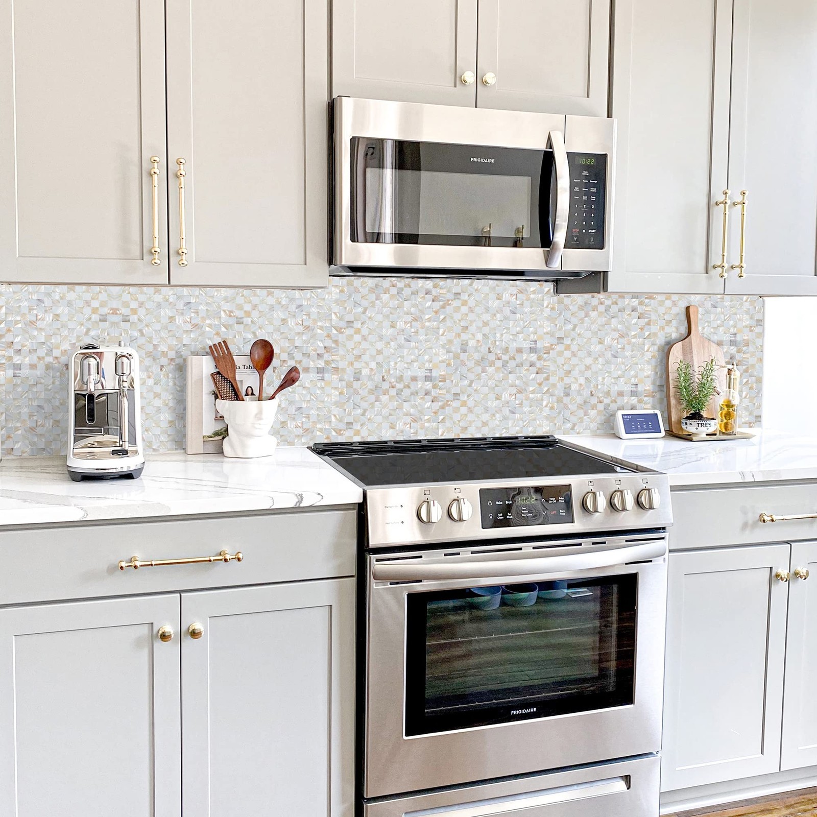 Peel and Stick Mother of Pearl Shell Backsplash Tiles, White & Natural