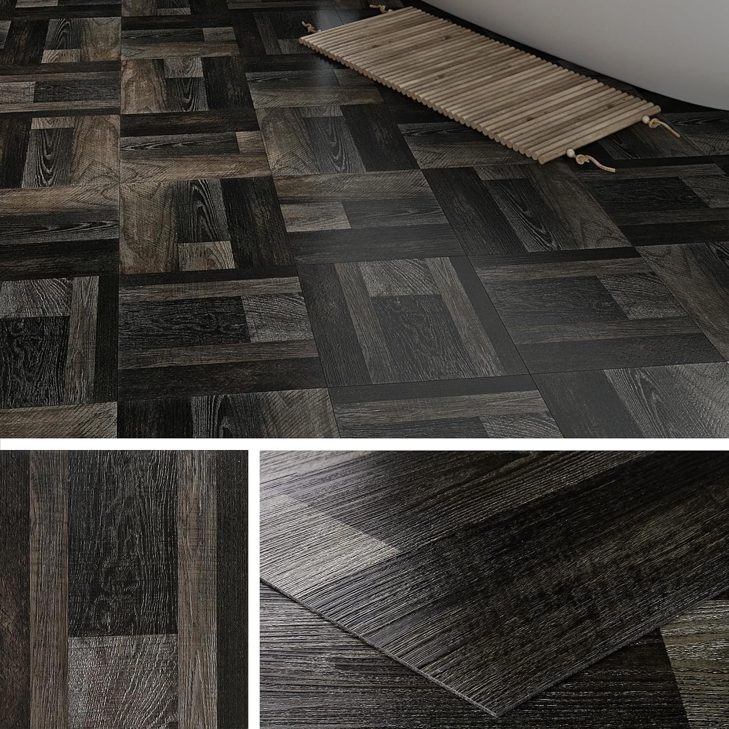 Retro Black Peel and Stick Floor Tile 12×12 4-Tiles Luxury Vinyl Plank