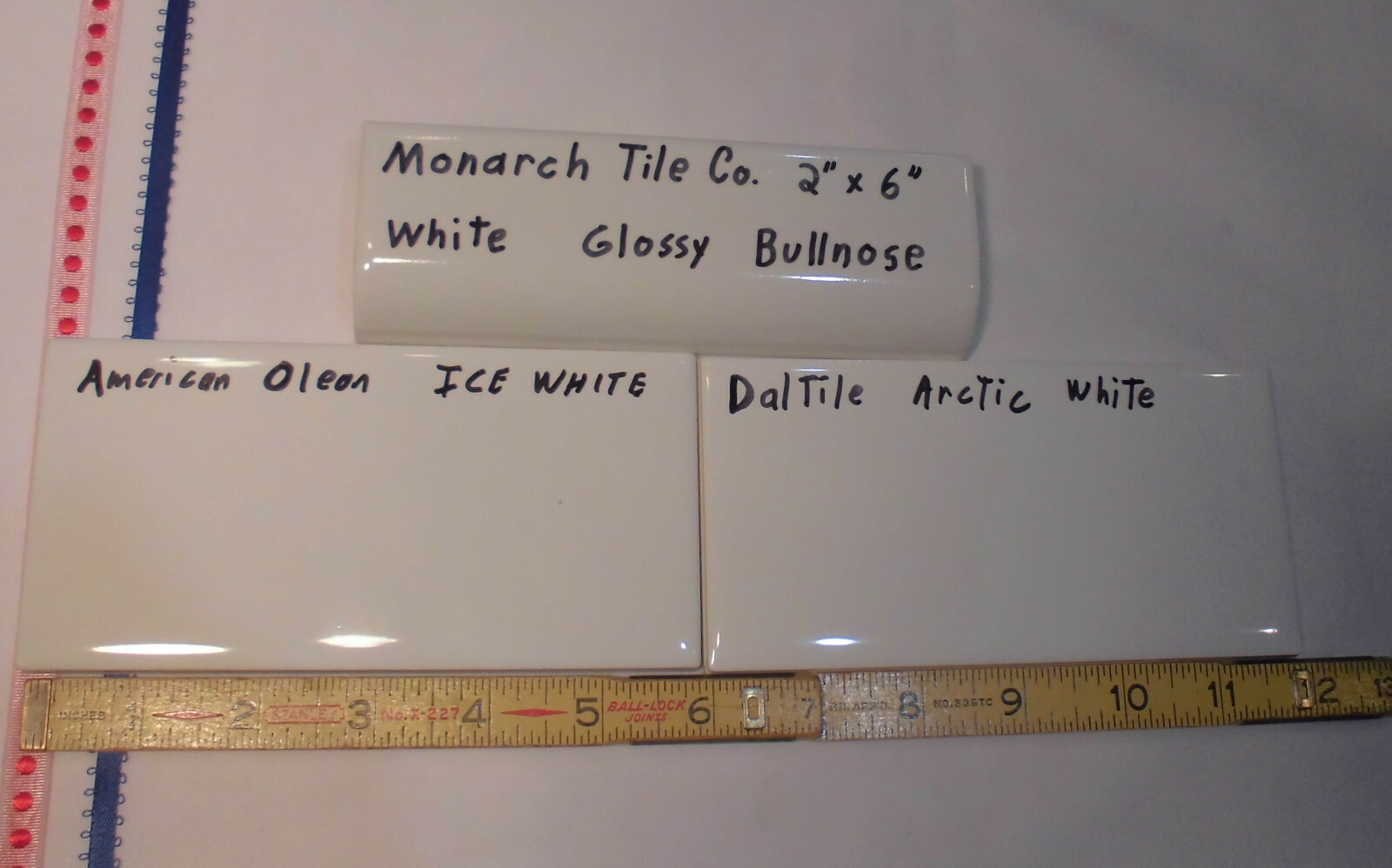 1 pc. Glossy White; 2″ X 6″ Ceramic Radius Bullnose Tile; New Mud Caps; Monarch