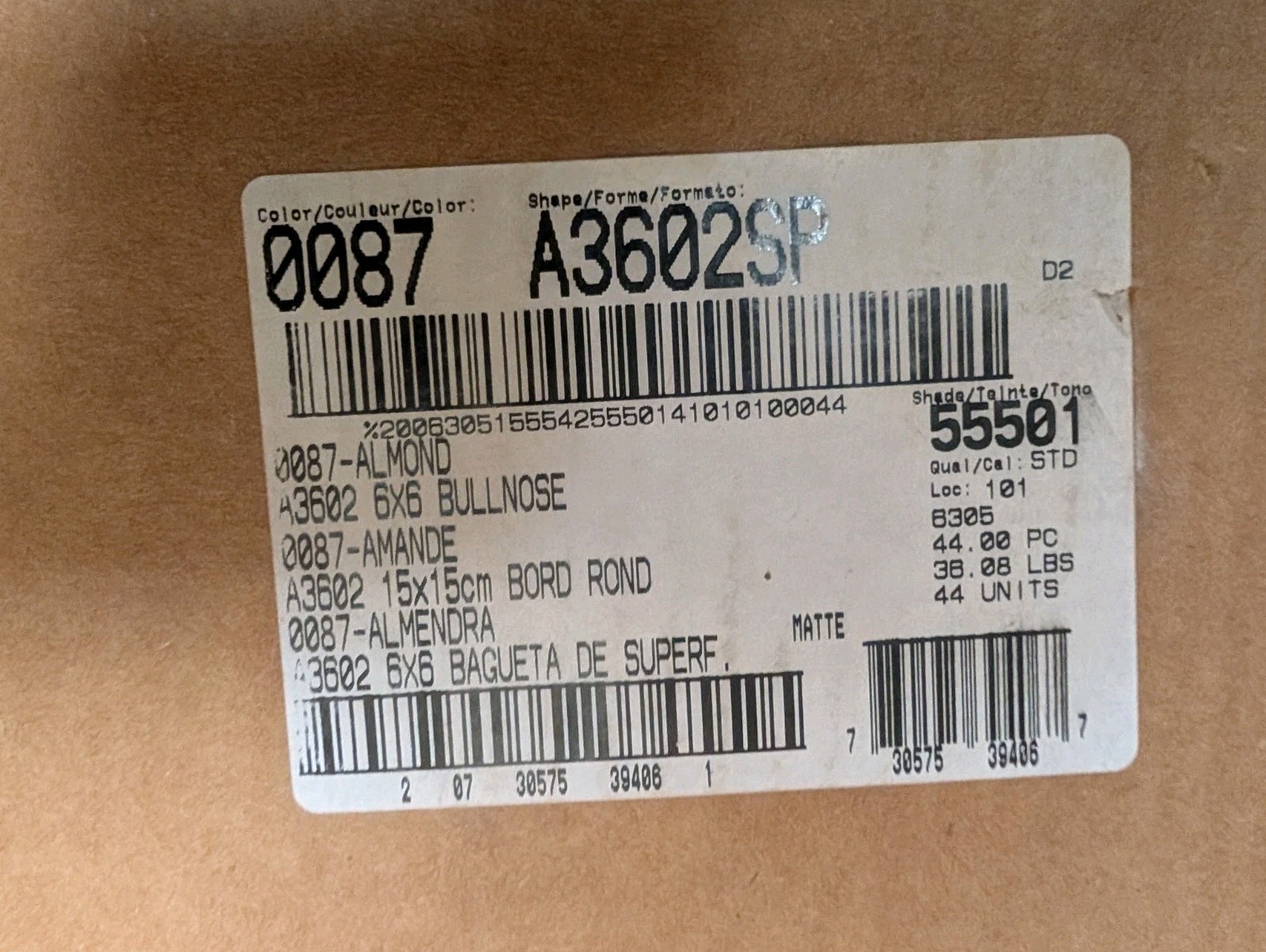1 pc American Olean Ceramic Tile Mud 6″ Square Bullnose A3602 Matte Almond #87