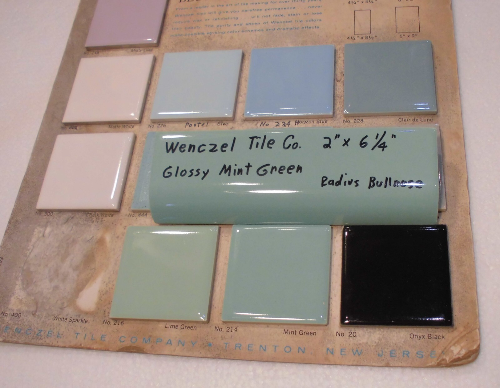 1 pc. Mint Green: Glossy Ceramic Radius Bullnose Tile: Wenczel Co. 2″ X 6-1/4″
