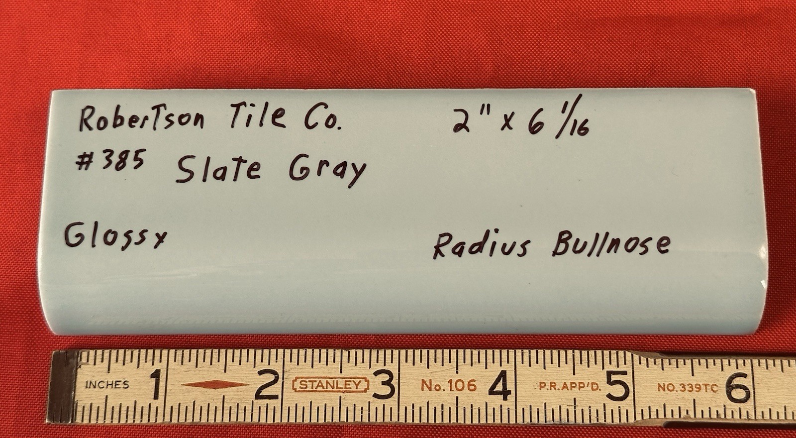 1 pc. Vintage *Slate Gray* Ceramic Tile; 2″ X 6″ Radius Bullnose: by Robertson