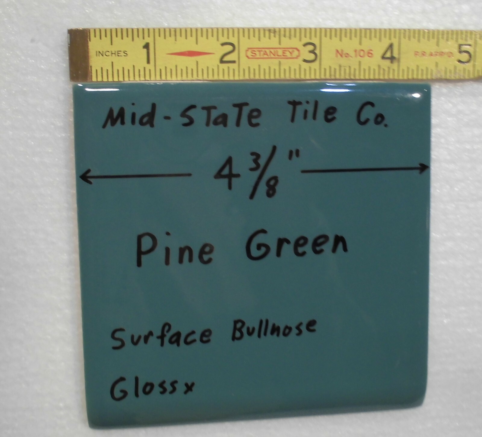 1 pc. *Pine Green* Bullnose Ceramic Tile 4-3/8″ by Mid-State Co. Glossy NEW