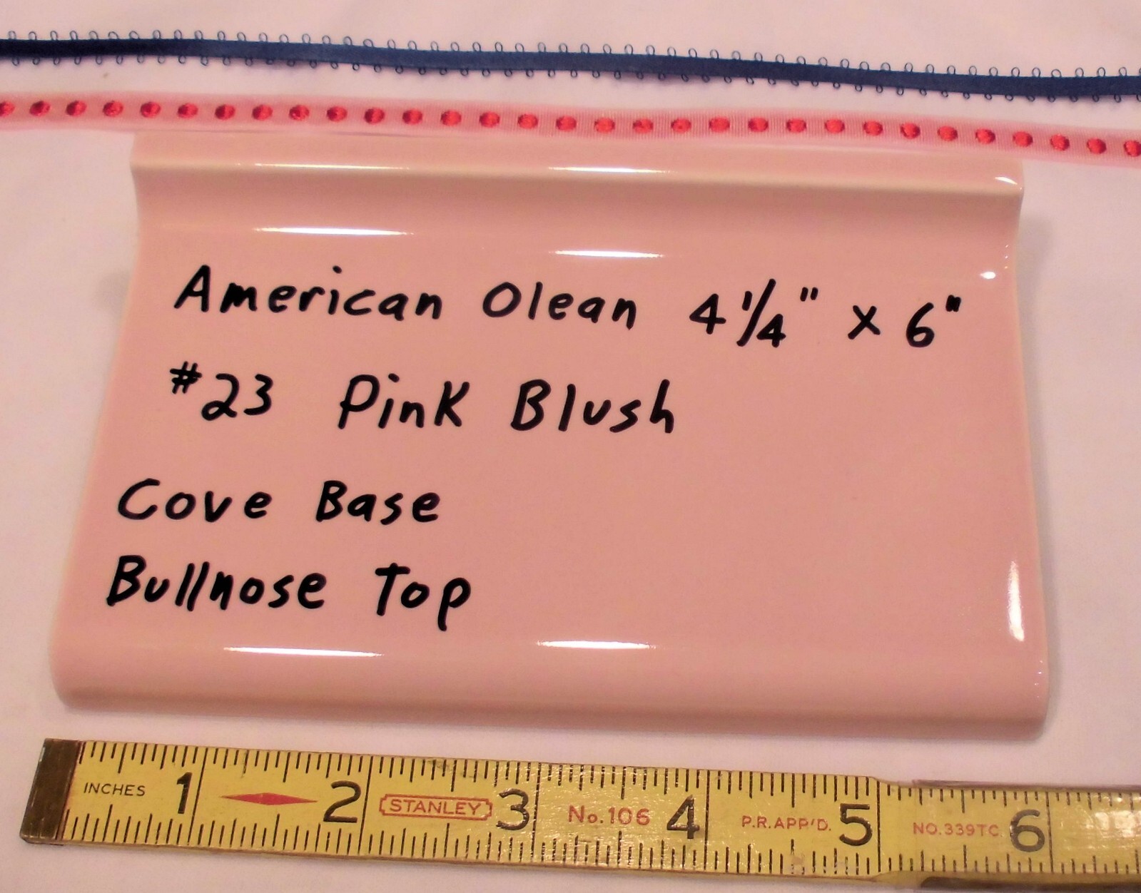 1 pc. Pink Blush #23 Bullnose Top; base/cove Ceramic Tile; 6″ American Olean