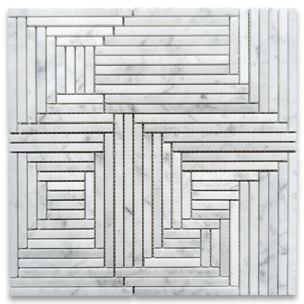 C7PXH Carrara White Marble Maze Mosaic Tile Random Linear Mixed Strip Honed