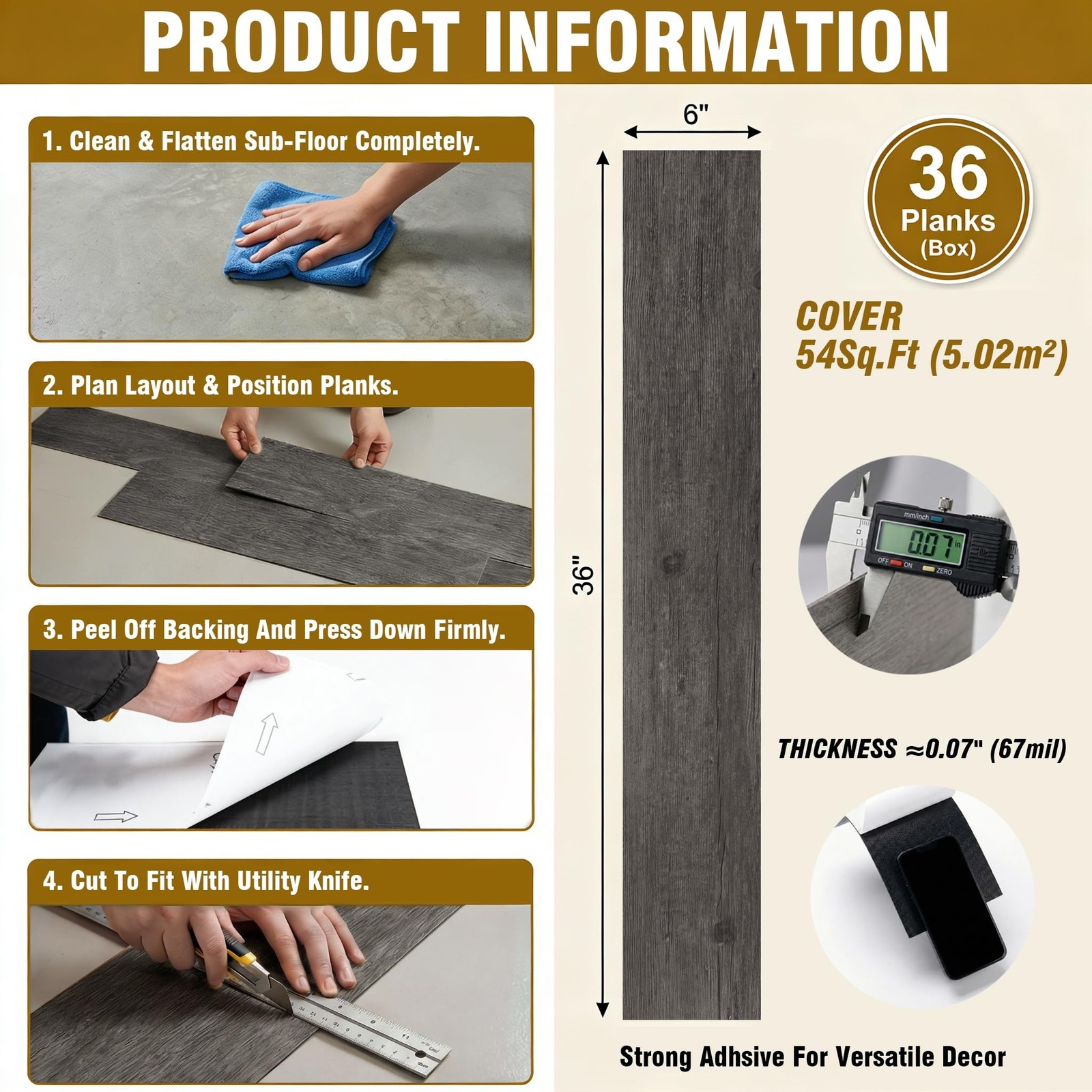 Waterproof Peel and Stick Floor Tile, 54 Sq.Ft Dark Grey Vinyl Flooring | 36 …