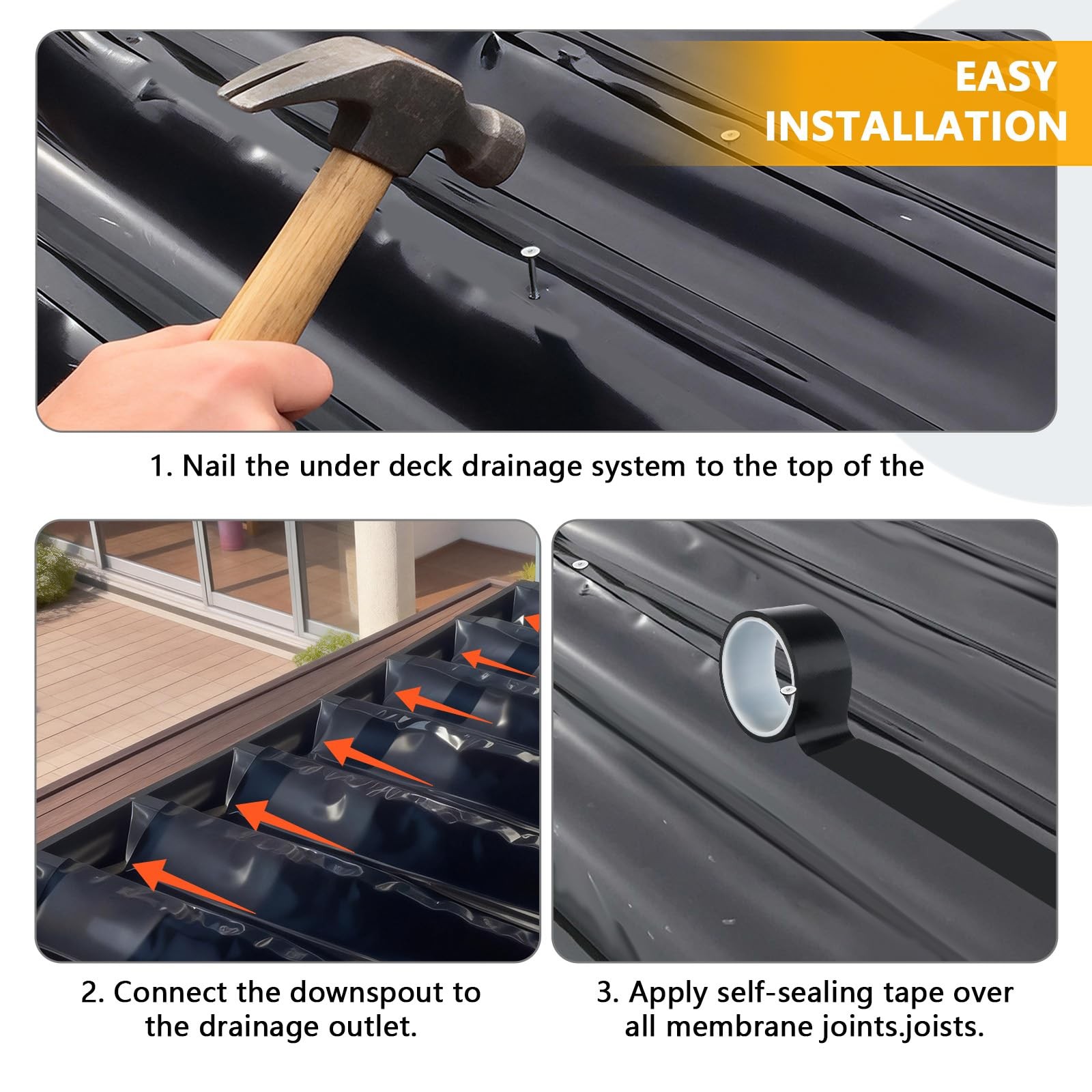 1PCS 50 ft x 20 inches Black Under Deck Drainage System Trough Deck, HDPE Wat…