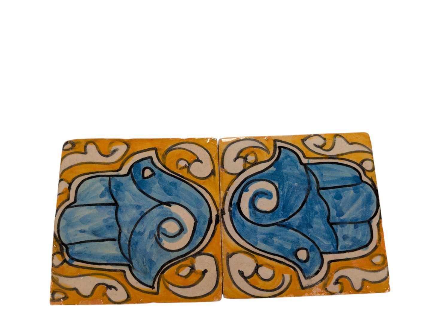 2x Moroccan Zellige Mosaic Tiles Pair Hamsa Design H 10cm/4 Inch