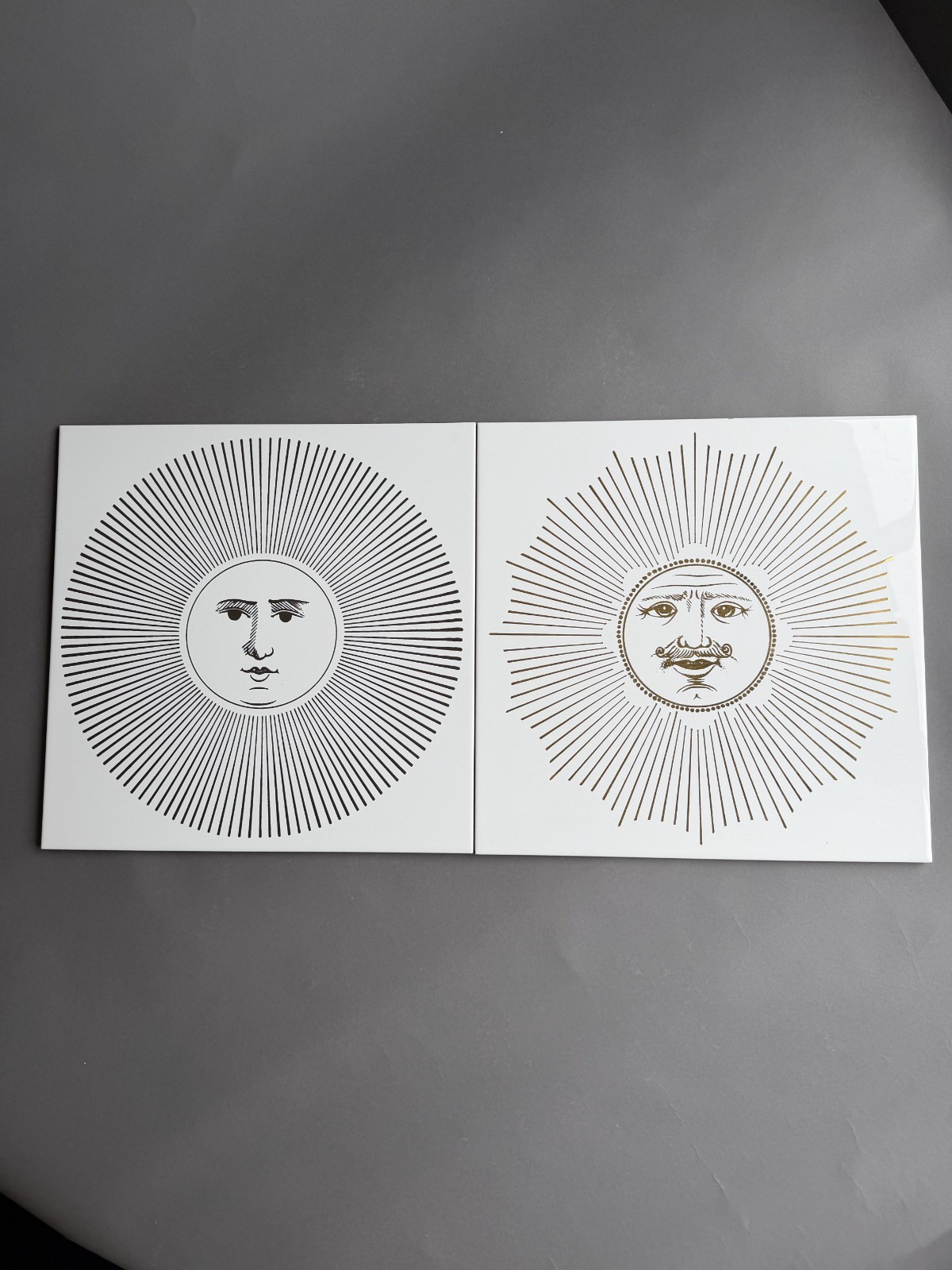 Fornasetti Ceramic 16″ Tiles (Pair) – Sol e Lune – Gold Leaf on White | NEW