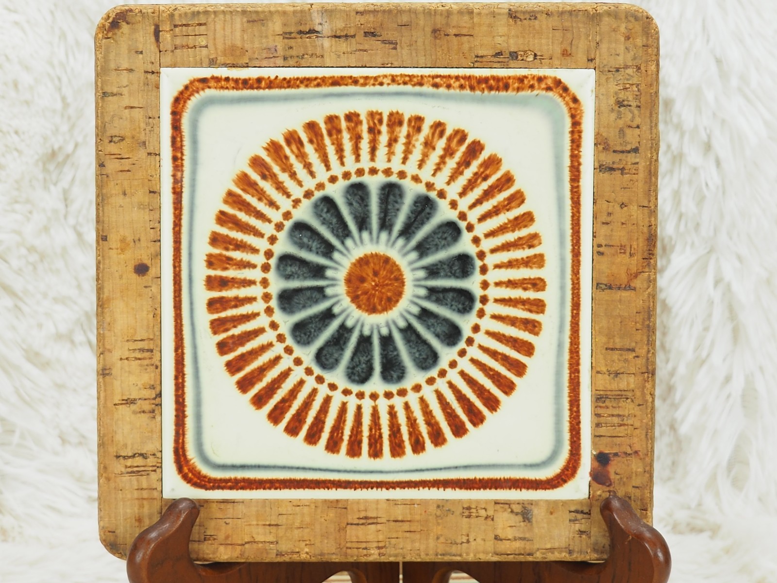 Vintage Cork Backed Ceramic Mandala Art Tile Trivet Orange Blue 7.5″ Square PAIR