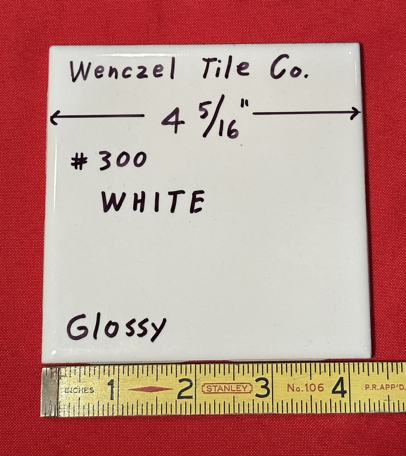 1 pc. Gloss White #300: 4-5/16″ Ceramic Tile by Wenczel Co. made 1960’s -1980’s