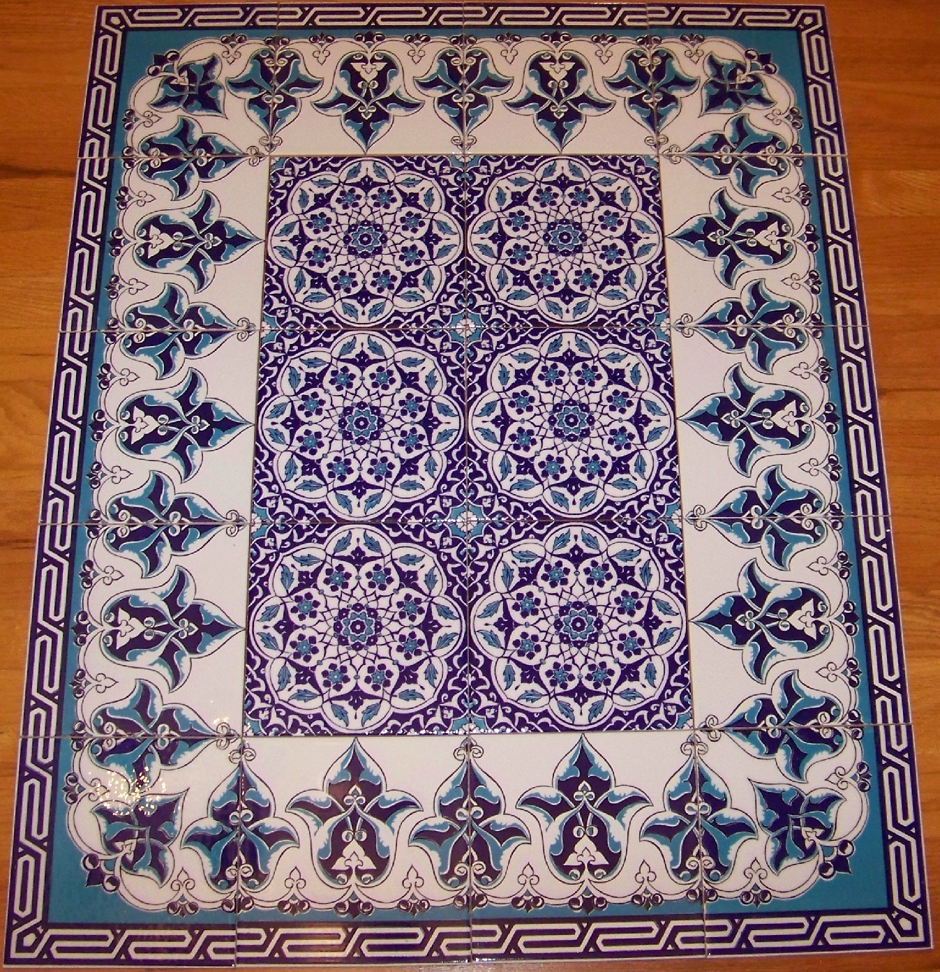 Blue & White Iznik Floral Pattern Border 40″x32″ Ceramic Tile Panel Mural