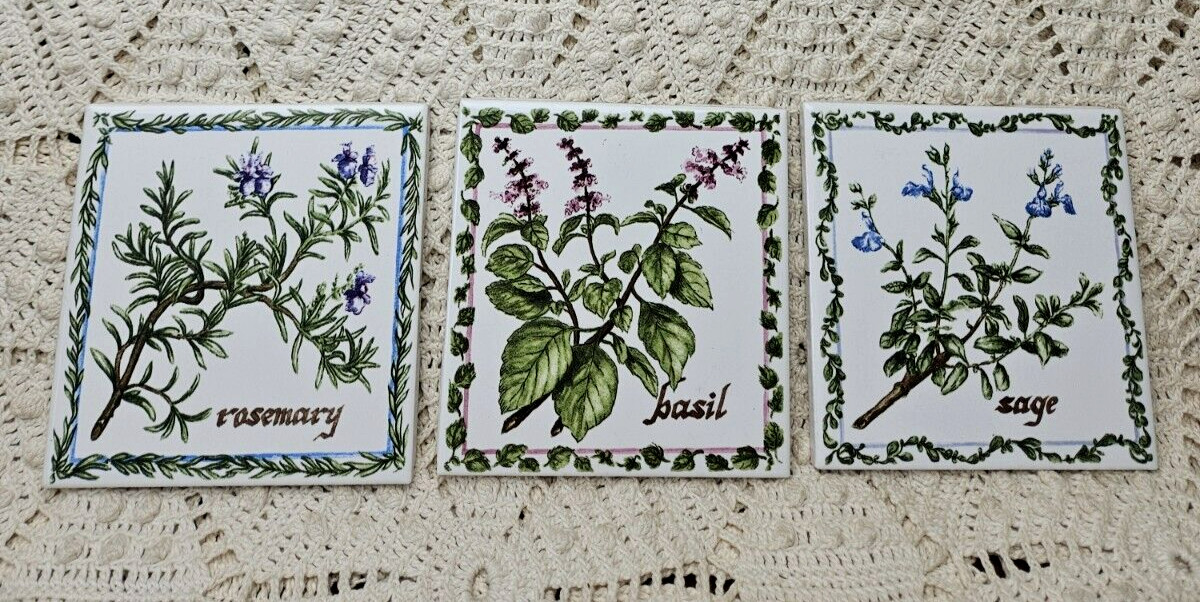 Set Of 3 JEFFREY COURT Botanical Herb Tiles Basil Sage Rosemary 4 1/4″ Made USA