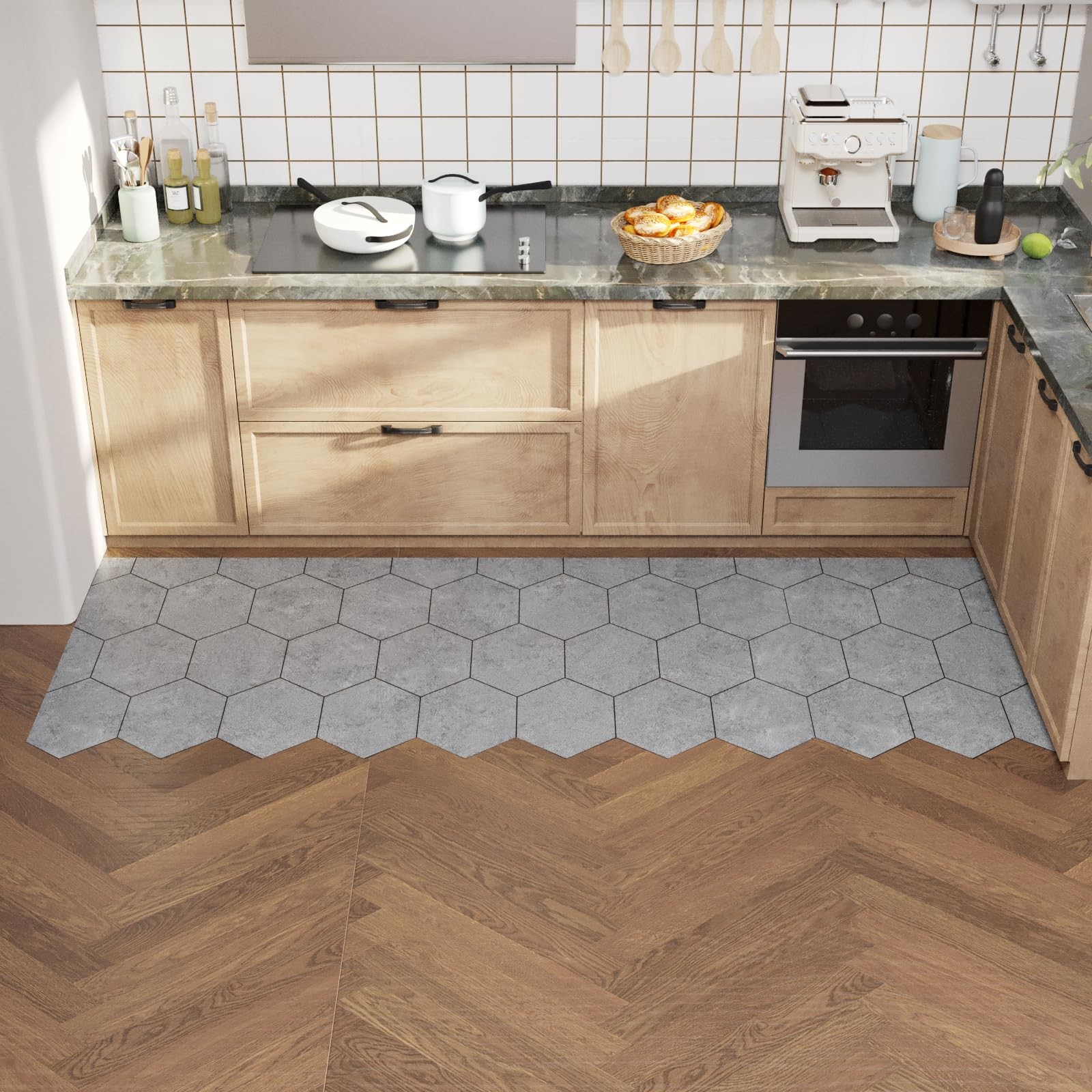 Oxdigi Vinyl Flooring Roll 64 sq.ft 24in x 396in Hexagonal Marble Grey