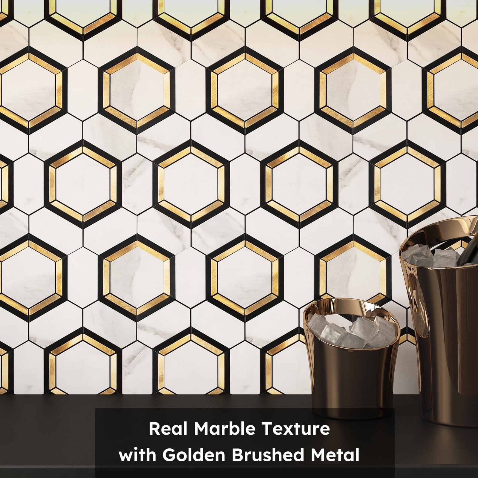 10-Pack Peel and Stick Backsplash Tile, White and Gold, Hexagon, Marble Veins…