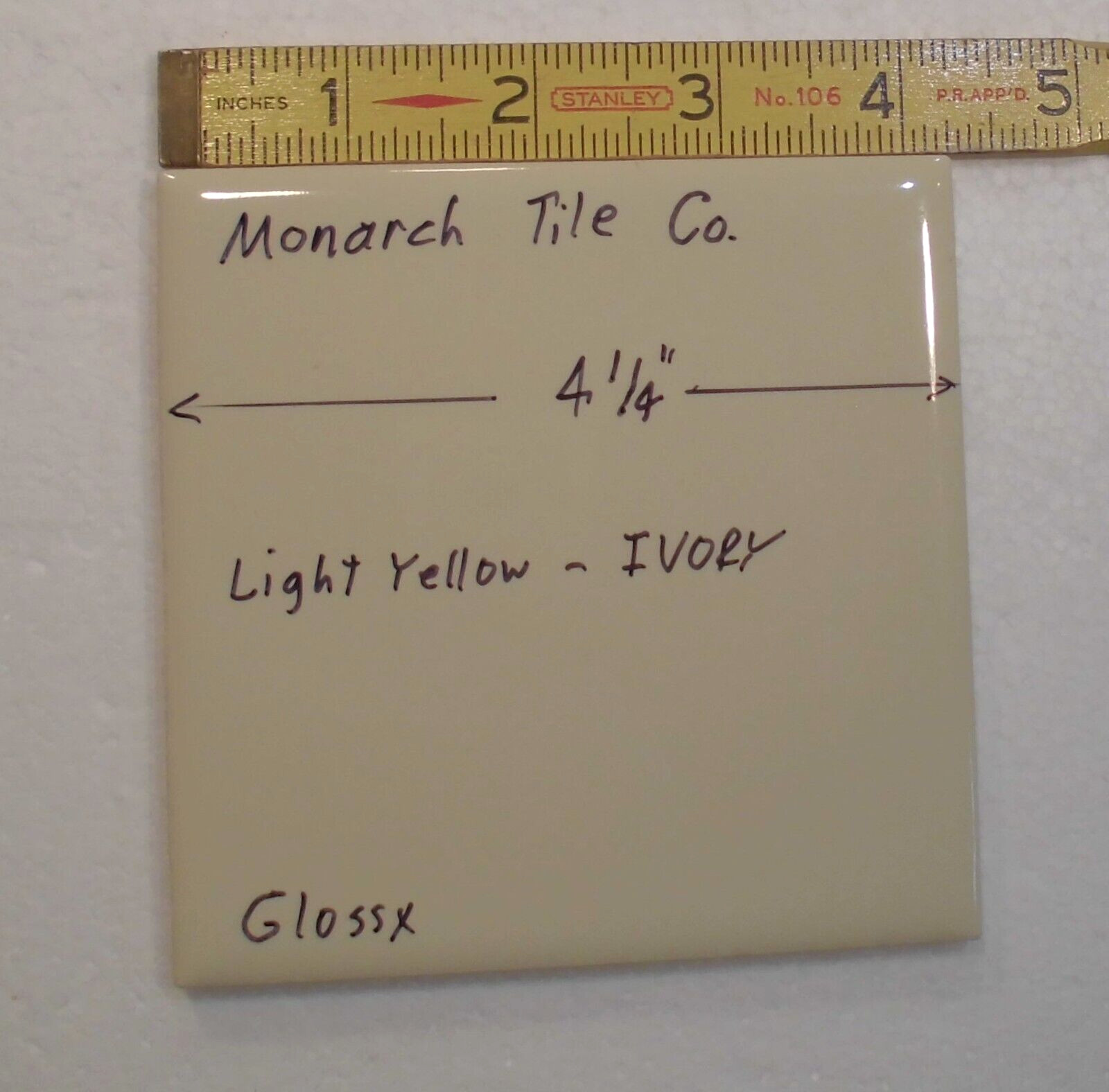 1 pc. Light Yellow – Ivory: 4-1/4″ Glossy Ceramic Tile by Monarch Tile Co. USA