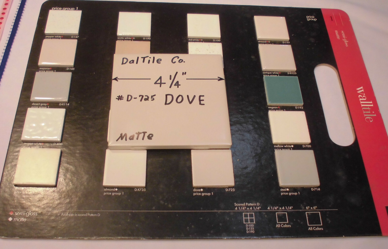 1 pc. Dove-Lite Gray; Matte Ceramic Tile by Daltile #D-725; 4-1/4″ New Stock