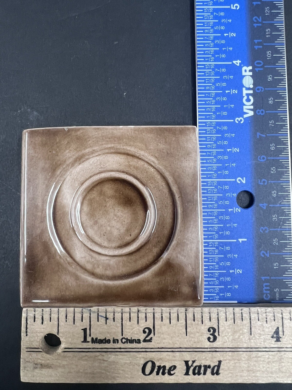 4 – Vintage Brown Ceramic Tile 2 7/8” Square 3/8” Thick Recessed Circles